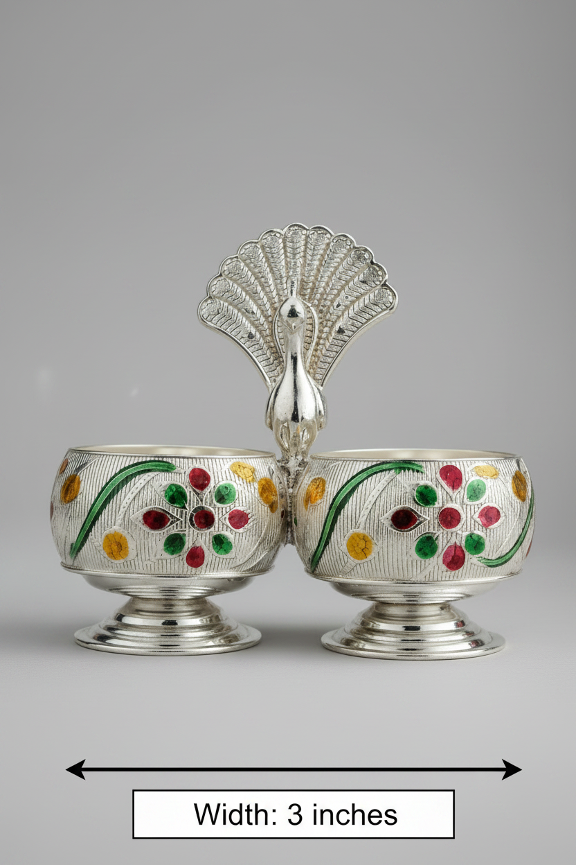 Shop a German Silver Peacock Haldi kumkum holder—handcrafted container for sacred vermilion powder, perfect for daily pooja, housewarming gifts online USA at MuruganDecors