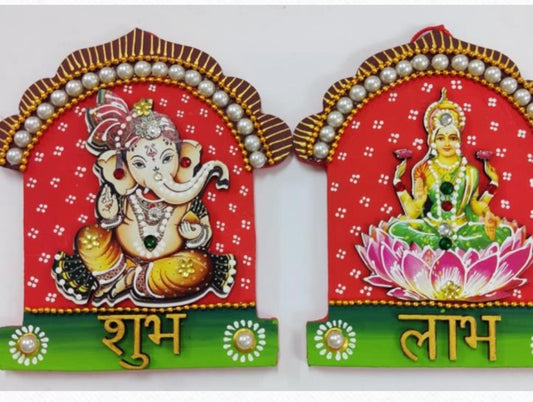 Wooden Ganesha & Lakshmi Subh Labh Wall Hanging – MDF Acrylic Arch Design with Beads, Stones & Golden Tassels | Diwali, Navratri, Ganesh Chaturthi, Golu Festival & Housewarming Décor