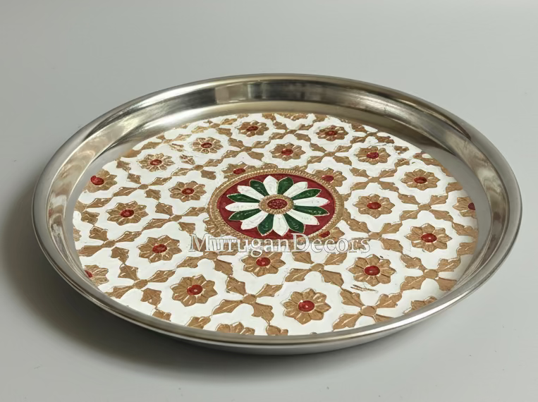 Murugan Decors 7 inch meenakari pooja thali and stainless steel pooja plate with white flower for Housewarming pooja  Varalakshmi pooja festival return gifts