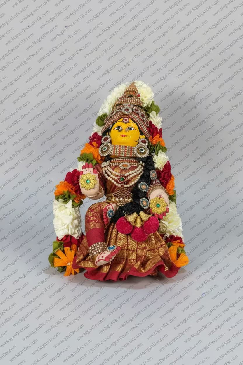 A small decorative figurine of a seated female deity with a yellow face, wearing ornate jewelry and a patterned skirt, surrounded by white, orange, red, and green floral garlands, set against a light gray patterned background.