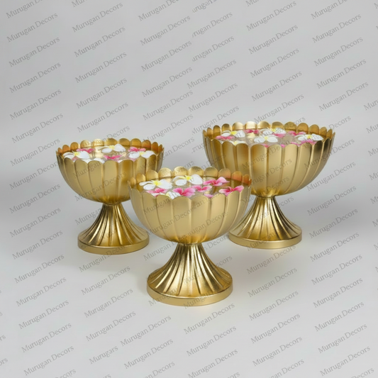 Taj Mahal Elegant Gold Scalloped Pedestal Centerpiece Bowl  |Taj Urli Bowl Set |Hammered Iron| Metal Urli Bowl diya | Urli Bowl for Floating Flowers | Tea Light Candle, Diwali/housewarming festival decorations for Home