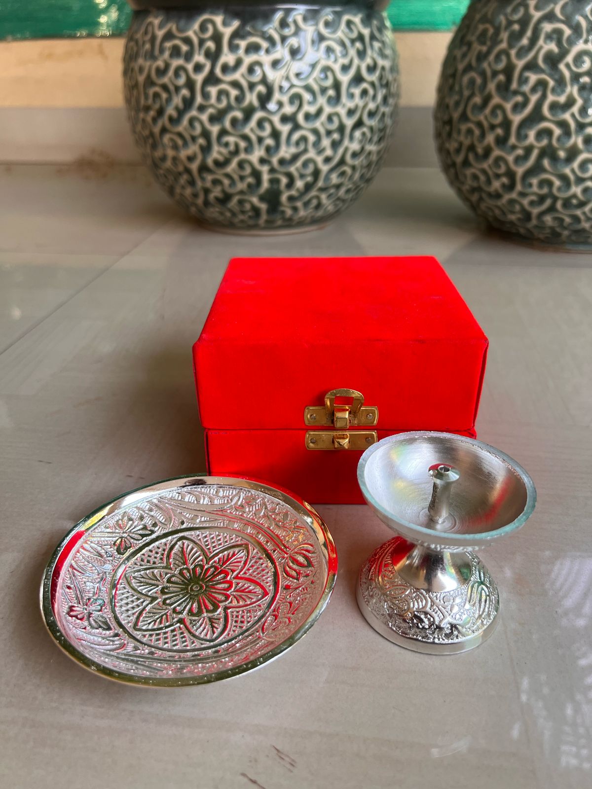 German Silver Akhand Deepam with plate in Velvet box | Wedding Favor, Religious Gift |Festival/Pooja return gifts| Favors Housewarming Gifting |Traditional Return Gifts
