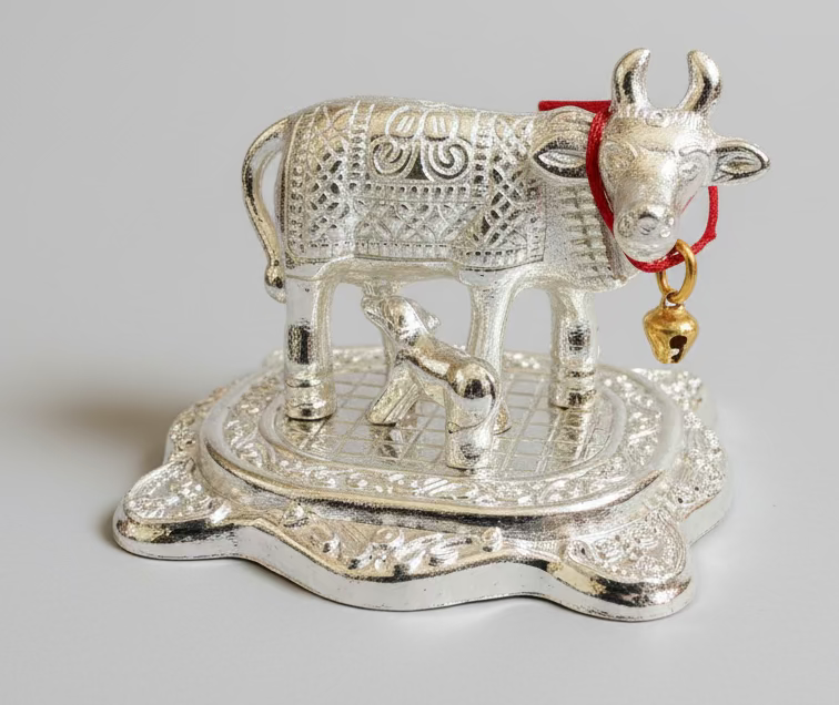 Decorative silver cow and calf figure on a gray background