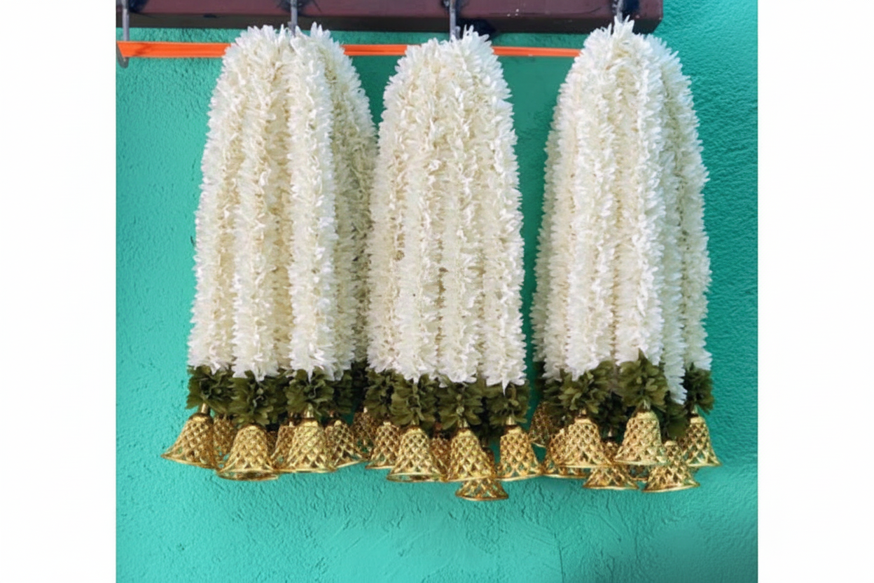 Jasmine Artificial garland with bell Decor / garland strings/ Pooja Decor / Indian Pooja Decor / Artifical Flower Decor / Flower Pooja Decor/ Ganesh Pooja Decor