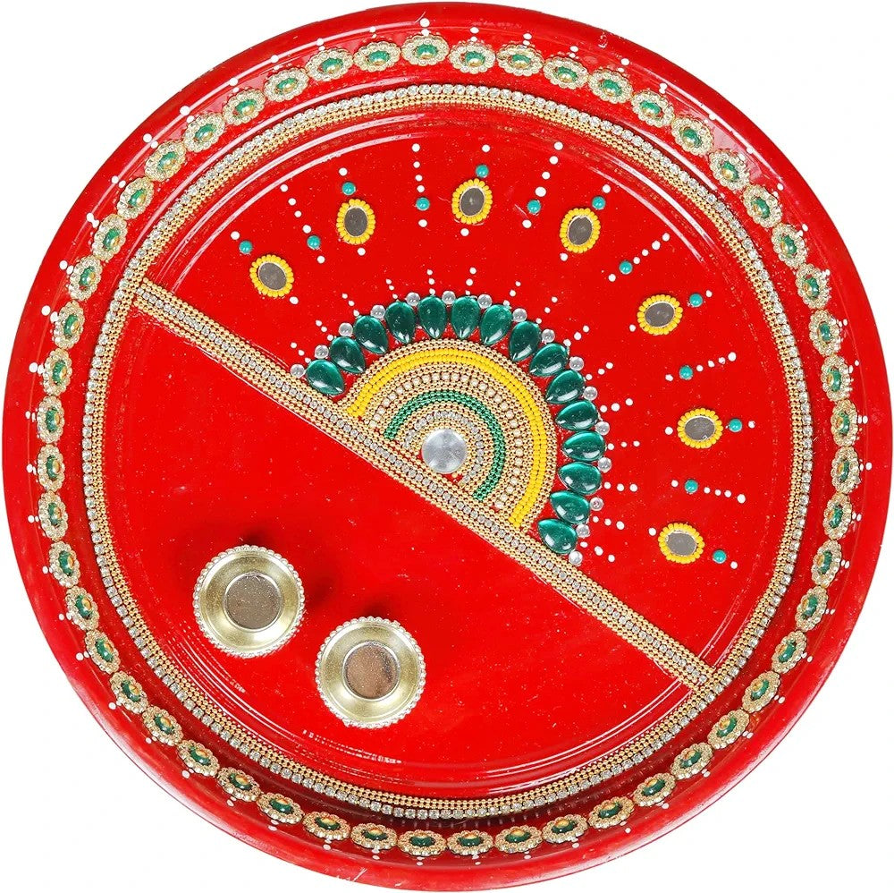 Handcrafted Pooja Thali Platter Engagement Plate Decorative Stainless Steel Thali with Essential Pooja Article for Indian Traditional Karwachauth Navratri Festival Puja Item Decoration(Size-10")(Red)