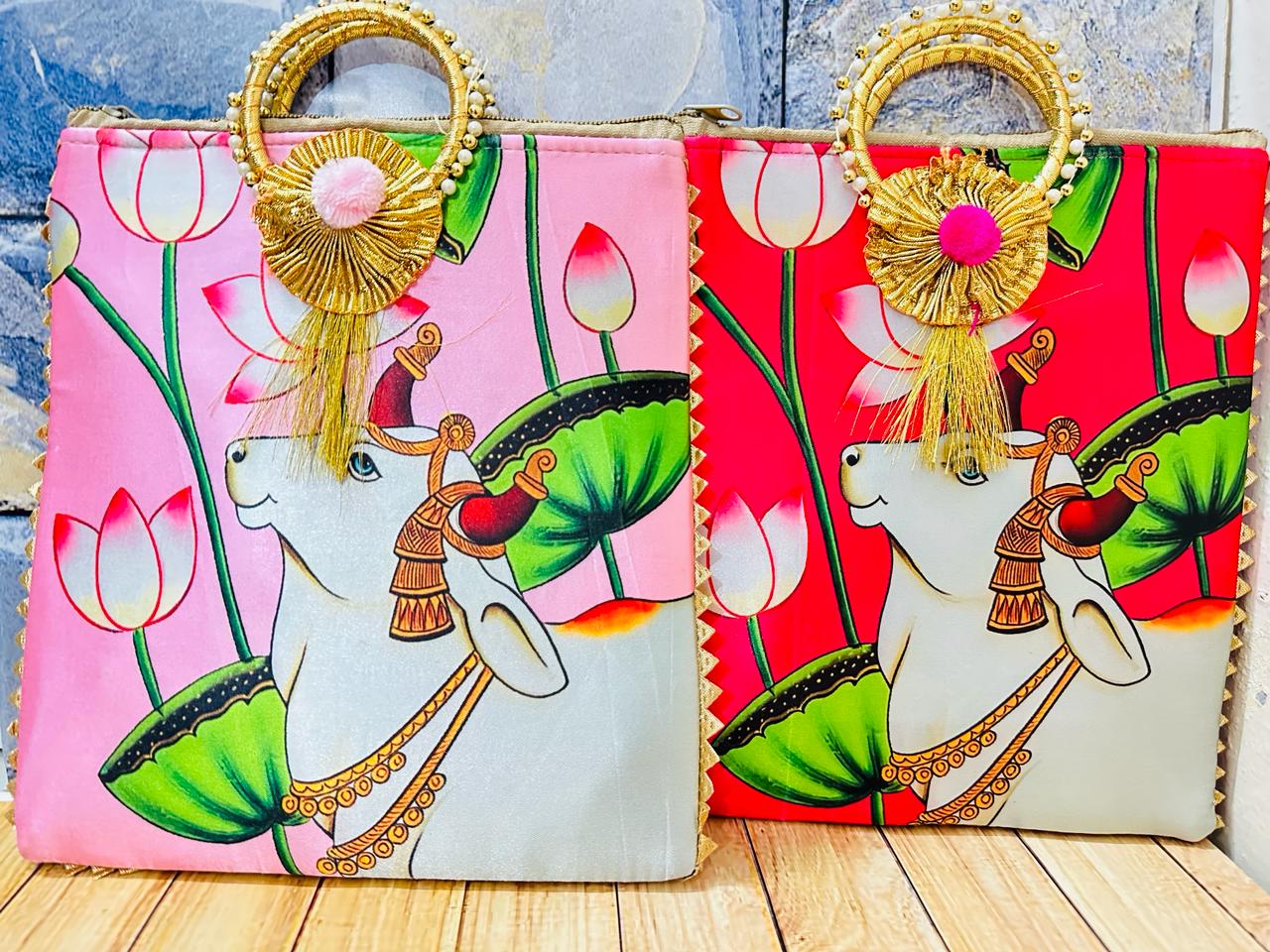 Pichwai Potli Bag | Embroidered Cow Design | Indian Wedding Return Gift Pouch|Pichwai potli bags | Indian Wedding Favor, Diwali Return Gift |Favors Housewarming Gifting | silk pichwai bags| Housewarming Gifts |Traditional Return Gifts