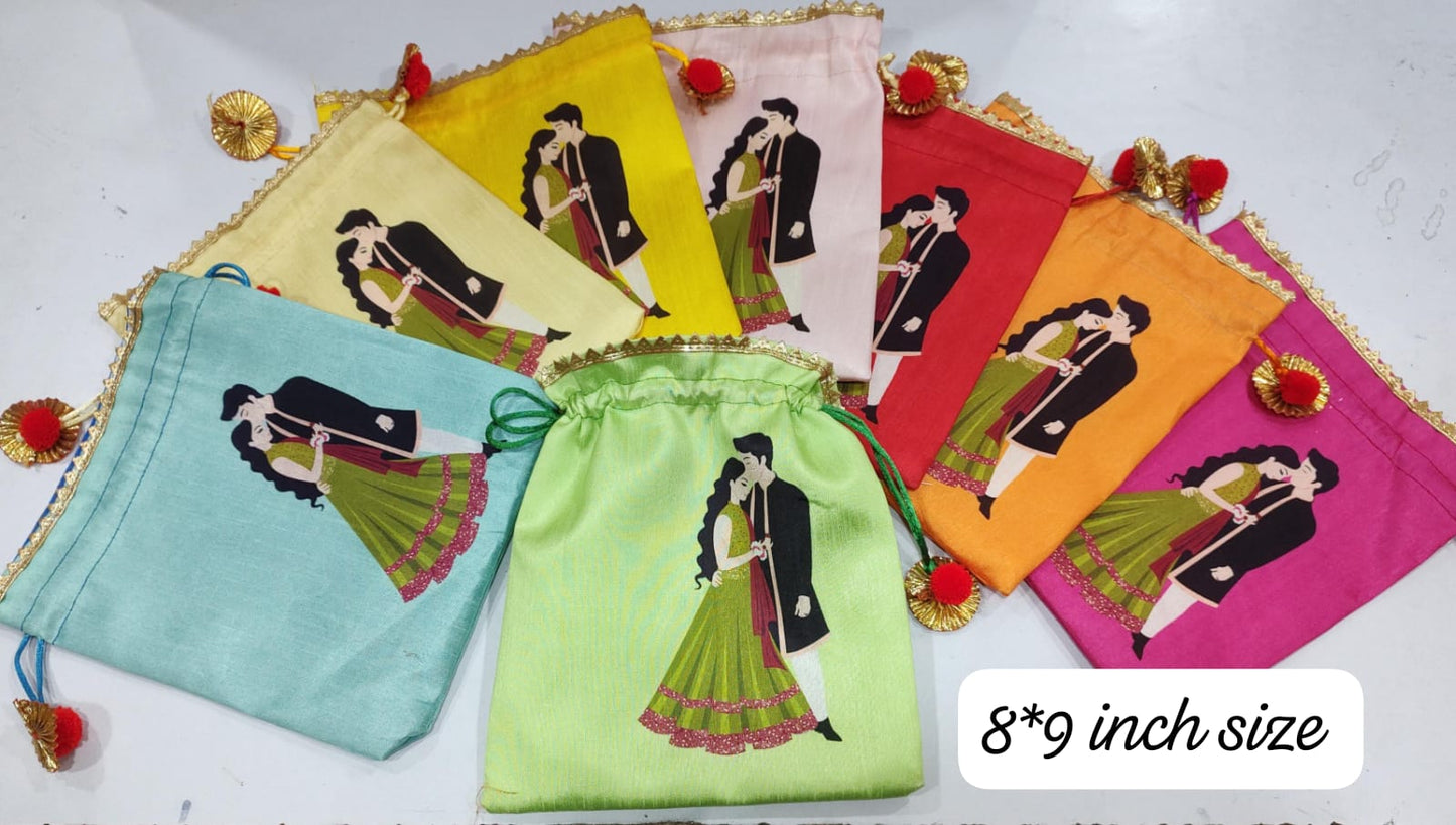 Silk Potli Favor Bags - Haldi Mehndi Wedding Return Gift |printed Girl & boy dancing | Haldi design Potli Bag | Indian Wedding Return Gift Pouch | Indian Wedding Favor, Return Gift |Favors haldi ceremony Gifting