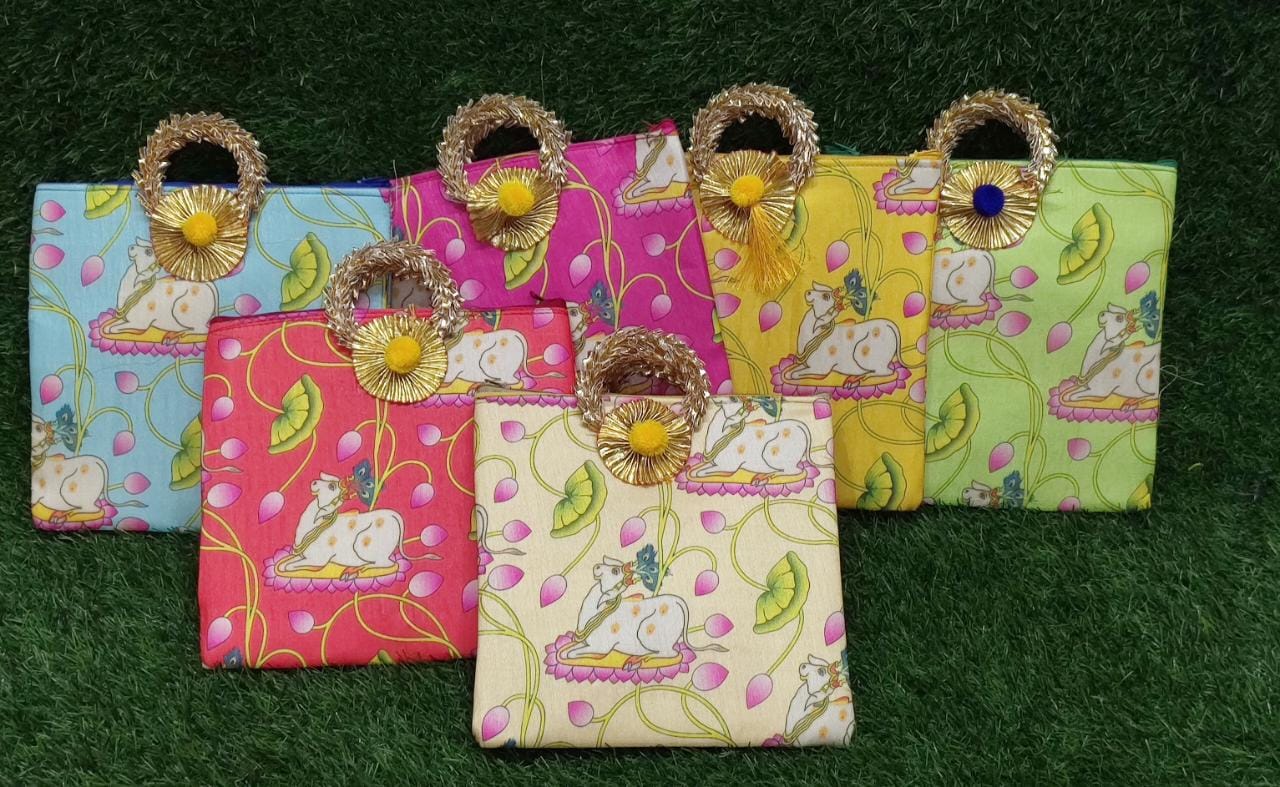 Pichwai Potli Bag | Embroidered Cow Design | Indian Wedding Return Gift Pouch|Pichwai potli bags | Indian Wedding Favor, Diwali Return Gift |Favors Housewarming Gifting | silk pichwai bags| Housewarming Gifts |Traditional Return Gifts