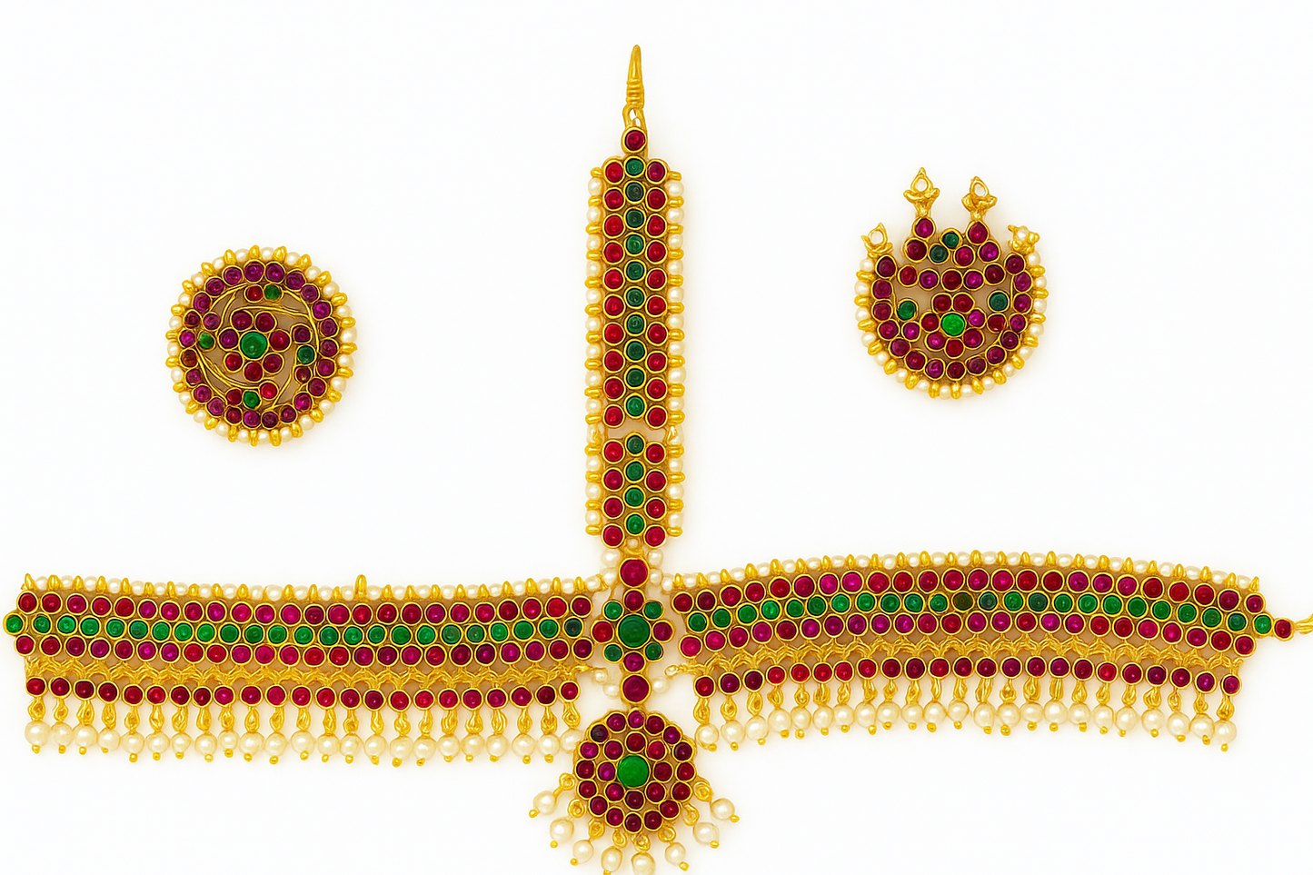 Red GREEN STONE Temple Indian Jewelry Headset | Bharatnatyam, Kuchipudi, Weddings, Birthdays | Classical Dance Jewelry