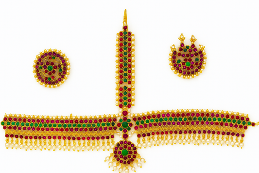 Red GREEN STONE Temple Indian Jewelry Headset | Bharatnatyam, Kuchipudi, Weddings, Birthdays | Classical Dance Jewelry