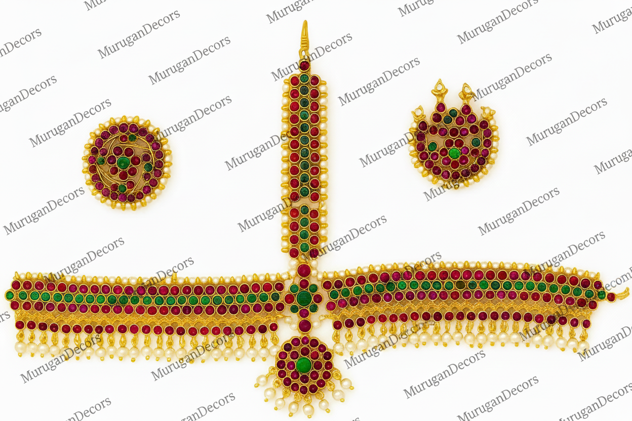 Bharatnatyam Dance Jewelry full 14 piece Set| Red Kemp Bharatanatyam Jewellery/ Stone & Pearl |Classical Dance Jewelry set