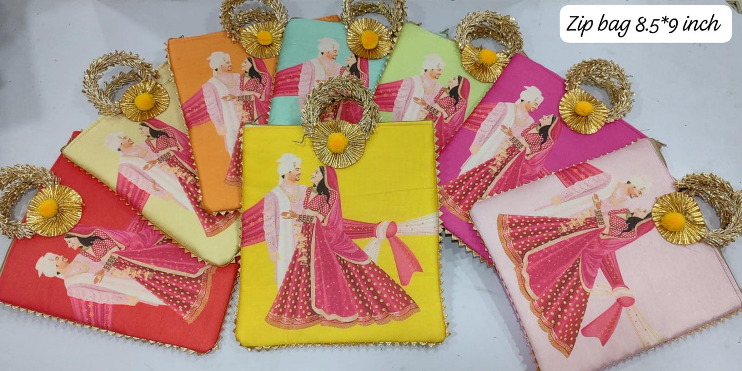 Silk Potli Favor Bags - Haldi Mehndi Wedding Return Gift |printed Girl & boy dancing | Haldi design Potli Bag | Indian Wedding Return Gift Pouch | Indian Wedding Favor, Return Gift |Favors haldi ceremony Gifting