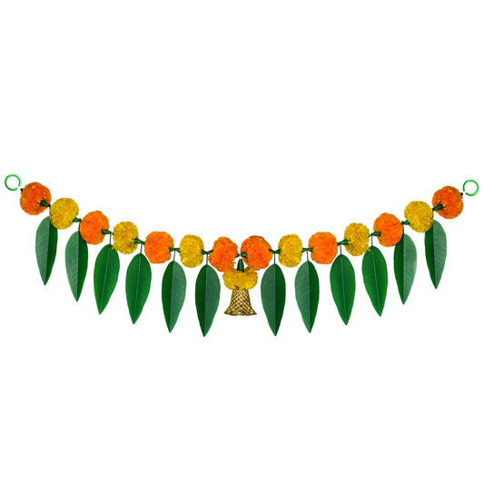 Artificial Marigold & Mango Leaf Toran: Main entry Door Toran | Artificial Flower Garland for Diwali, Indian Housewarming & Pooja Decor | Bandanwar for door