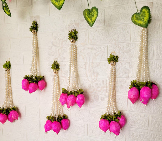 Pair Of Lotus Hanging for Decoration Floral Wall Hanging With Pearl Beads Lotus Buds, hanging toran / Lotus garland strings/ Pooja Decor / Indian Pooja Decor / Artifical Flower Decor / Flower Pooja Decor/ House warming  Decor