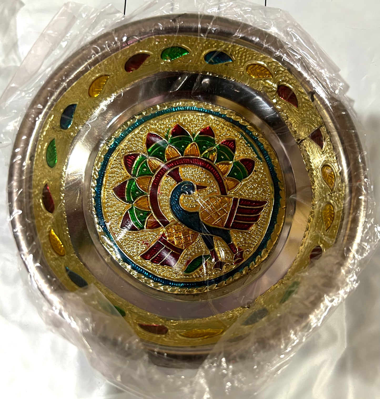 Meenakari Peacock/Flower design work steel plate- Housewarming Gift, Thambolam Plate, Pooja Gift, Return Gift, Navarathri gift, Diwali Gift