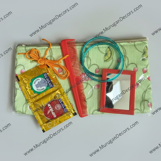 Shop all Vararakshmi Viratham /Nonbu7 Sumangali pooja set  for pooja Favor and return gifts which include Potli Bag , Bangles, Yellow Thread,Comb,haldi Kumkum  Video 