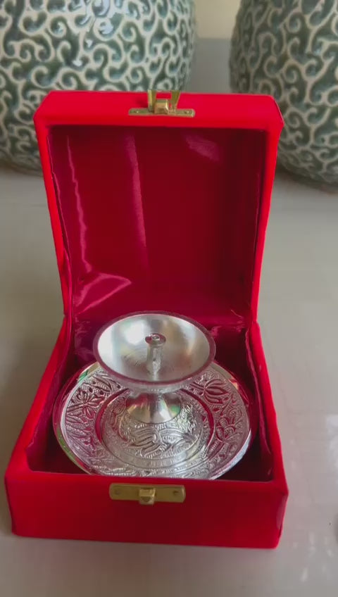 German Silver Akhand Deepam with plate in Velvet box | Wedding Favor, Religious Gift |Festival/Pooja return gifts| Favors Housewarming Gifting |Traditional Return Gifts